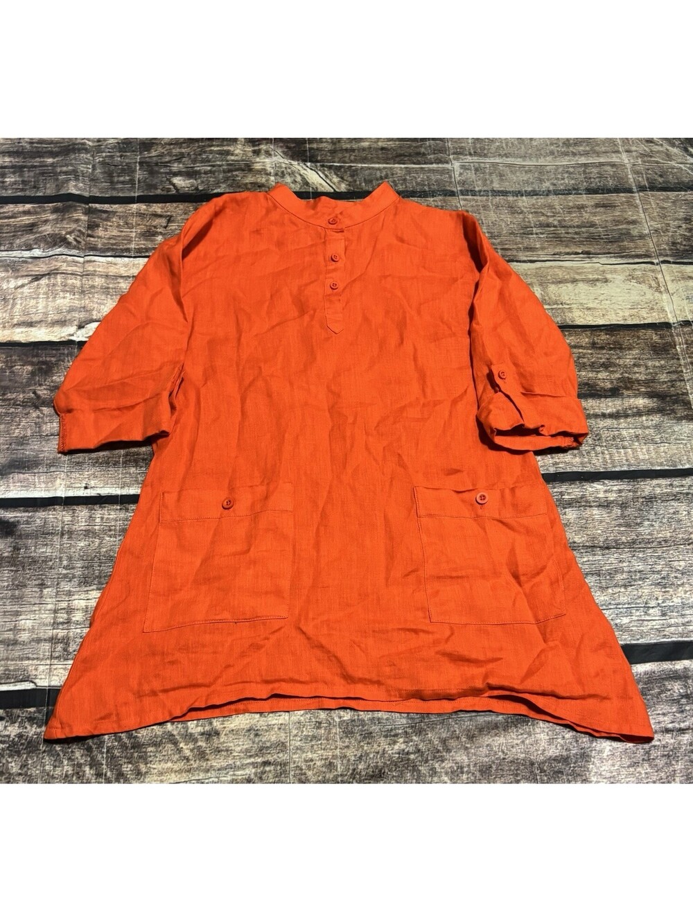 Palm Island Dress Womens Small Linen Henley Roll Tab Pockets Orange